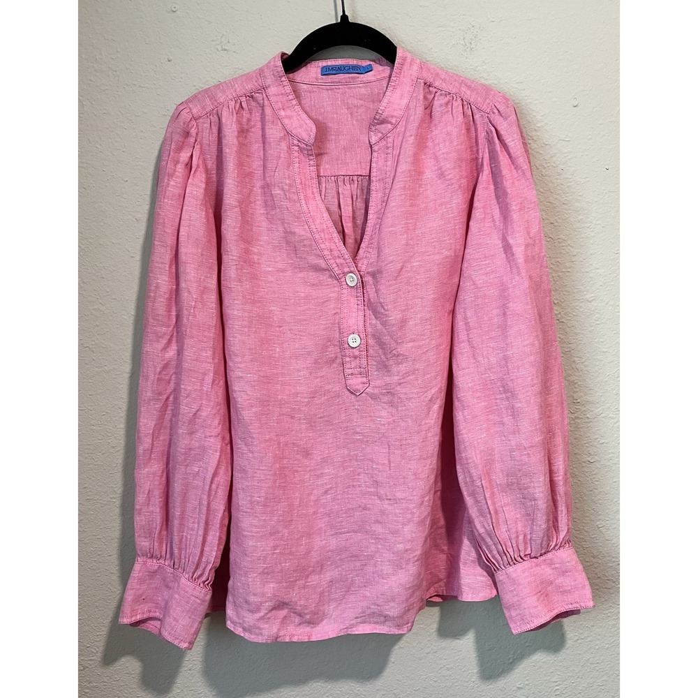 J.Mclaughlin Women's Blouse Size L Pink 100% Linen Henley Neck Preppy Colorful